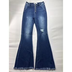 Kancan Women's Raw Hem Flare Blue Stretch Denim Jeans - Size 7/27 (26x32.5)